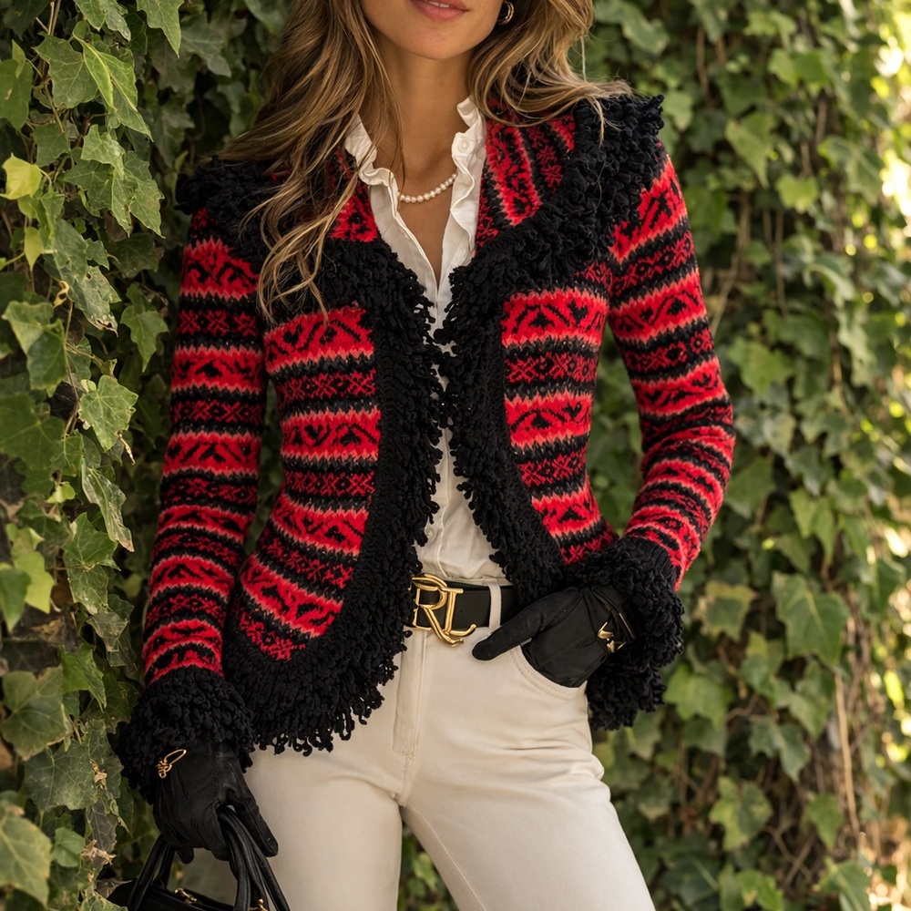 FOLIA Metallic Striped Red Wool Fringed Sweater, M